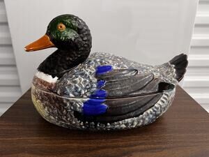 Vintage Duck Shape Ceramic Soup Bowl Roster Tureen Dish, Beautiful!